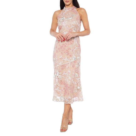 Mariana Fitted Sequin Midi Length Cocktail Dress, Size Medium, Champagne, NEW - Picture 2 of 3